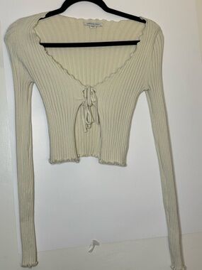 Cream Ribbed Tie-Front Long Sleeve Top